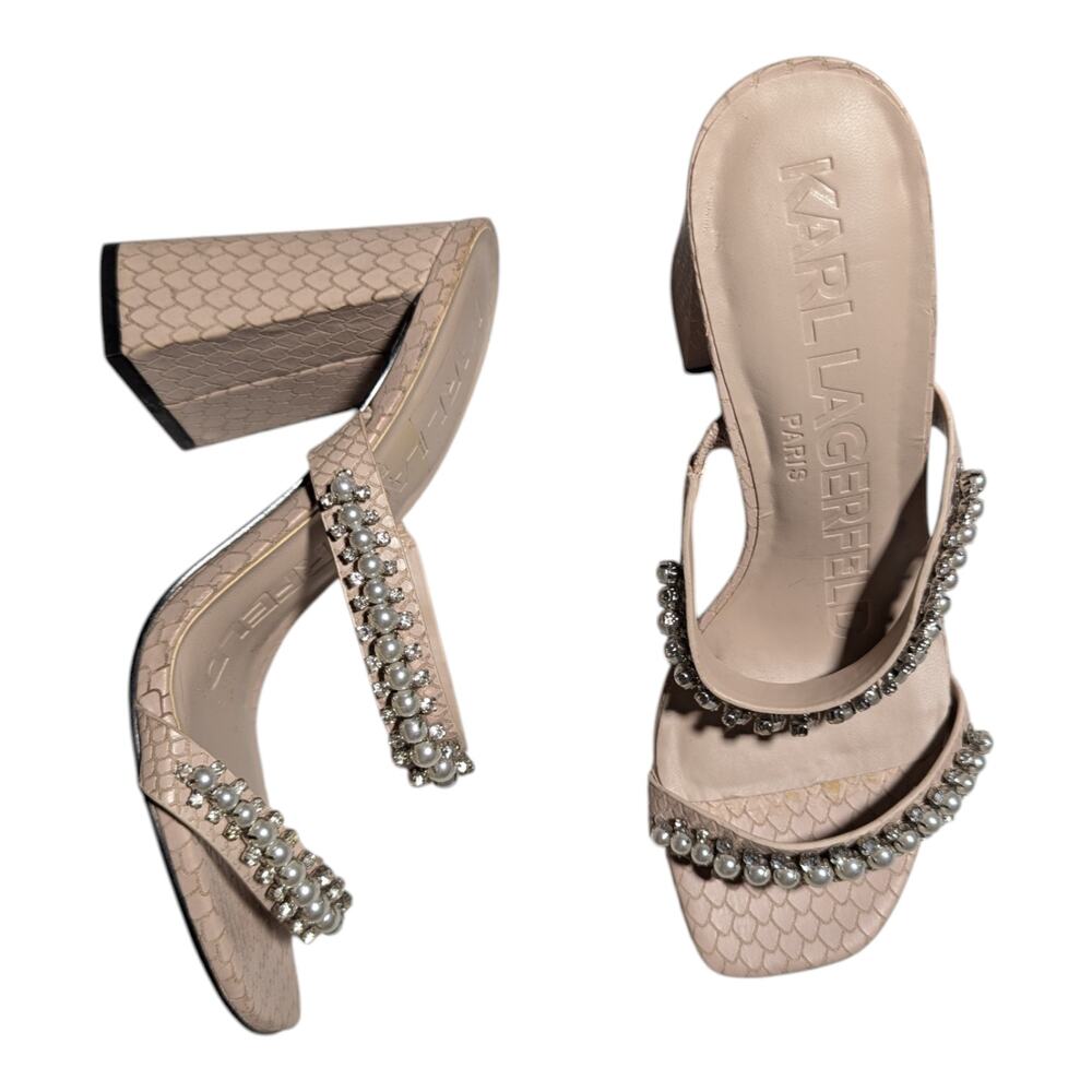 Karl Lagerfeld Rayan Blush Pink Embossed Leather Pearl Embellished Sandals 7.5